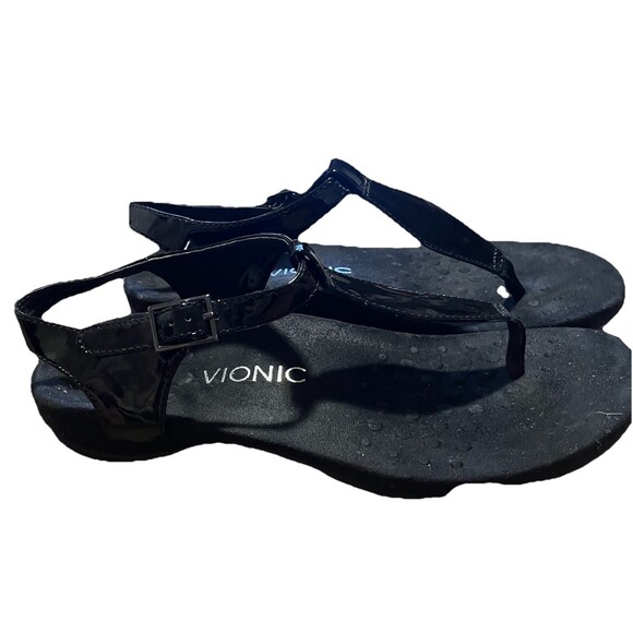 Vionic Black Patent T Strap Sandal Adjustable Strap Cushioned Womens Size 8 NWOB - Picture 4 of 11